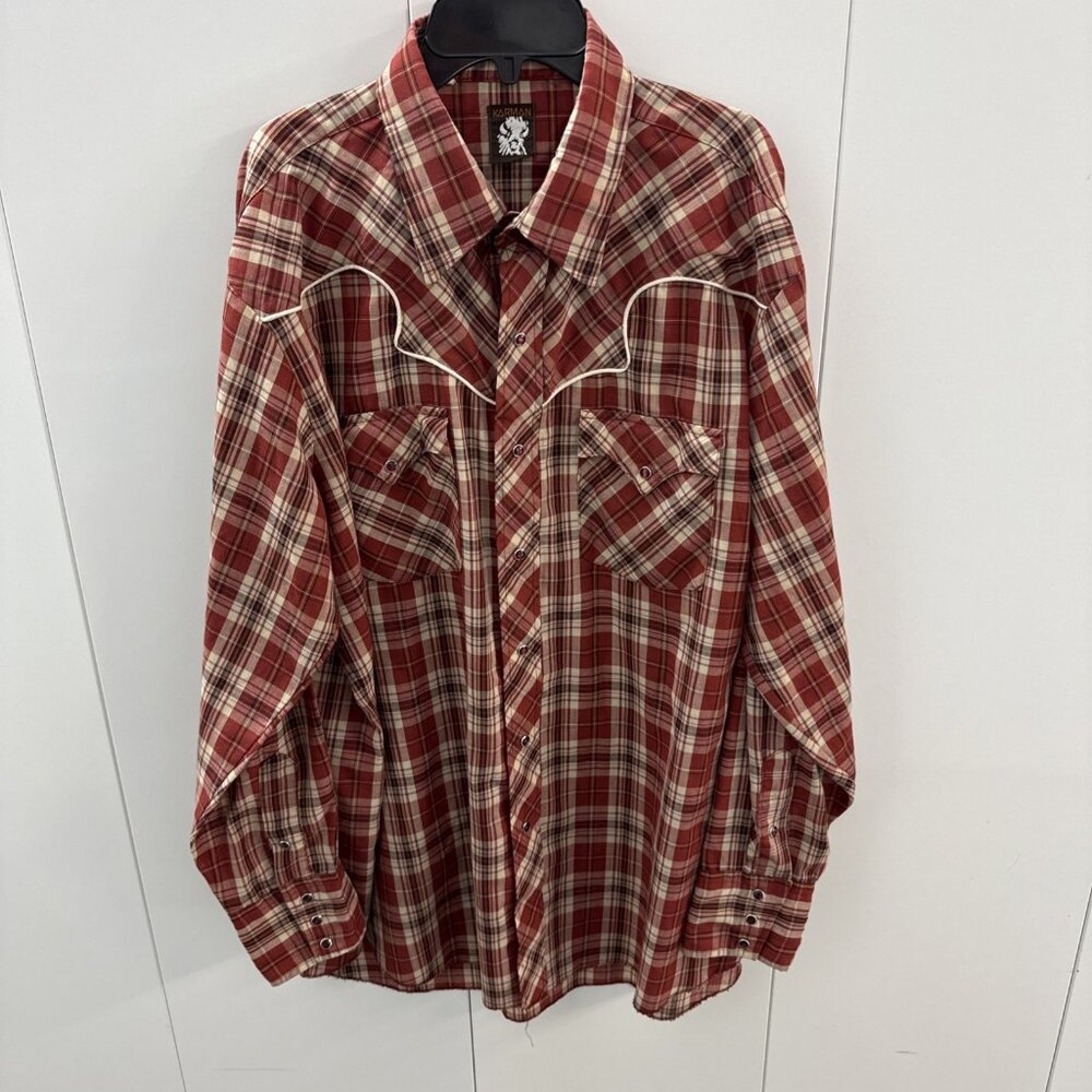 Vintage Karman Mens 2XL? (26x31)‎ Western Shirt Red Plaid Pearl Snap